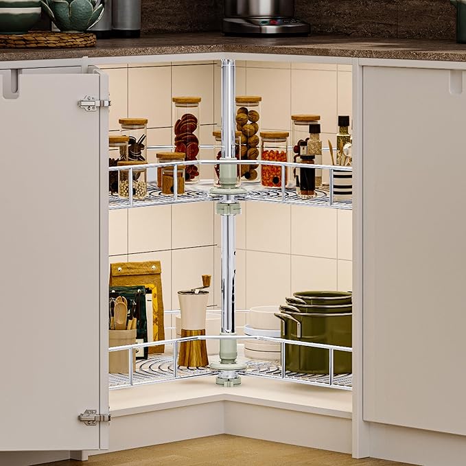 DWVO 31??Kidney 2-Tier Lazy Susan ??Telescoping Mount Corner Cabinet Organizer with Pie-Shelf Design, for Bathroom,Kitchen Cabinet Blind Corners (Chrome, 270째 Adjustable)