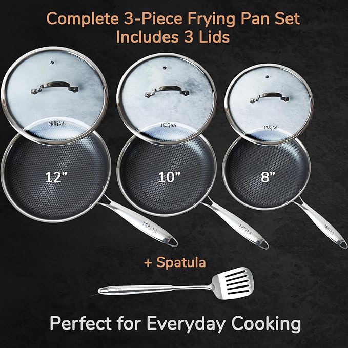 Stainless Steel Honeycomb 12.5??Wok + 3-Piece Nonstick Frying Pan Set (8?? 10?? 12?? with Lids & Spatula, Tri-Ply Hybrid Cookware Bundle, PFOA-Free, Induction, Dishwasher & Oven Safe