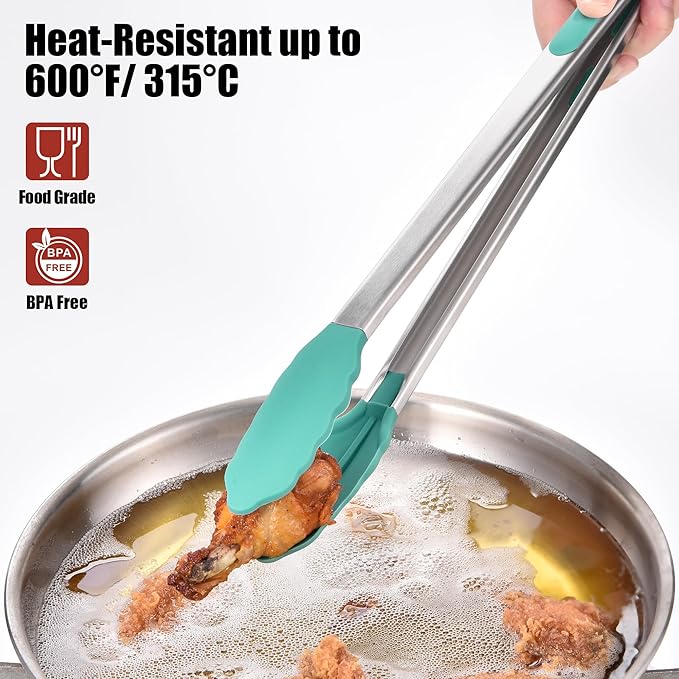 Doosu Kitchen Tongs for Cooking - 600째F Heat Resistant Food Tong with Non-Scratch Silicone Tips, Heavy Duty Stainless Steel Locking Tong for BBQ, Grilling Steak, Serving Salad, Pasta (16in, Aqua Sky)