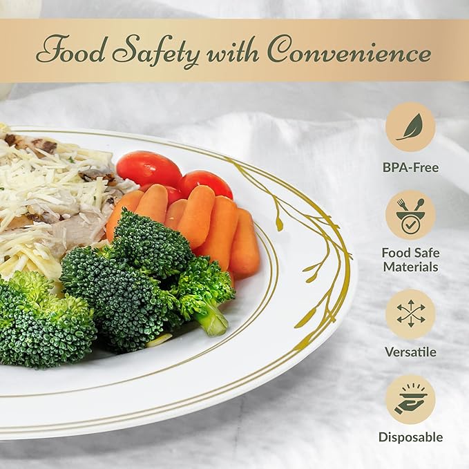 Reli. Disposable Plastic Plates, White & Gold Rim (110 Pcs, 10.25") | Hard Plastic Dinner Plate | Elegant, Heavy Duty Disposable Round Platters for Party, Wedding, Event, Christmas (Gold Trim)