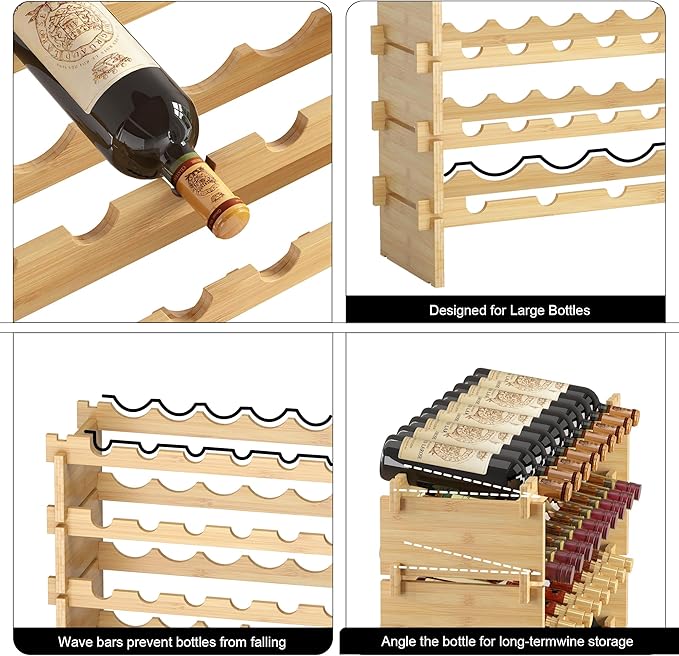 Wine Rack Freestanding Floor Bamboo Stackable Wine Storage Racks Wall Mounted, Modular Wine Bottle Stand Holder Display Shelf for Cabinet, Kitchen, Bar (Nature)
