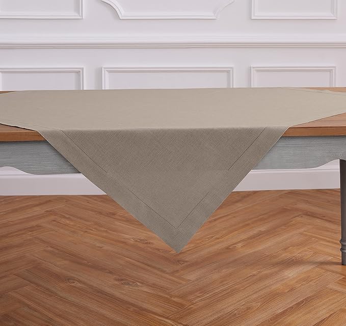 Solino Home Natural Linen Tablecloth 52 x 52 Inch - 100% Pure Linen Square Table Throw - Classic Hemstitch, Machine Washable Table Cloth for Spring, Easter
