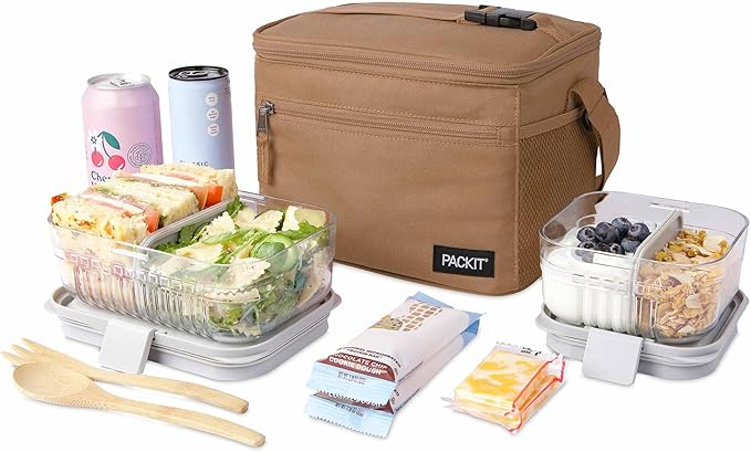 PackIt짰 Freezable Essential Cooler, Almond, Built with ECOFREEZE Technology, Fully Freezable, Collapsible, Reusable, With Removable Crossbody Strap, Top Clip Handle, Designed for Fresh Office