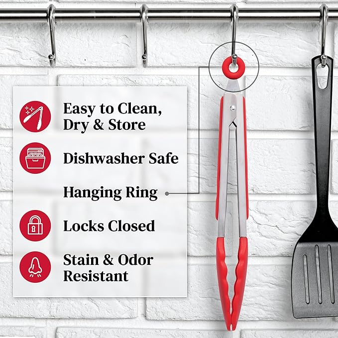 Popco 3-Piece Kitchen Tongs Set ??Stainless Steel Heat Resistant Silicone Tips, Strong Comfort Grip, 3 Sizes (7, 9, 12 Inch), Non-Scratch, Dishwasher Safe, for Cooking, BBQ, Salad