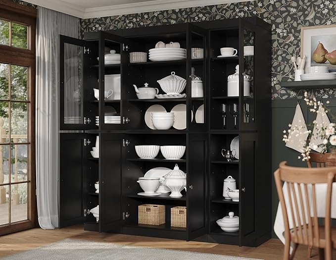 Palace Imports 100% Solid Wood Kitchen China Pantry Cabinet, 65" W - 4 Clear Glass & 4 Shaker Doors, Renewable Eco-Friendly Wood, Made in Brazil (Black, 8 China/Shaker Doors | NO Drawers)