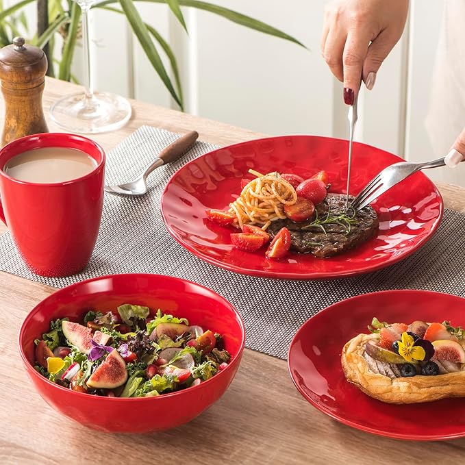 vicrays Ceramic Salad Bowls Set for Kitchen, Serving - 32 Ounce Soup Bowls, Pasta Bowls, Chip Resistant, Dishwasher Microwave Safe, Large, Fluted, stoneware, Set of 6 Red