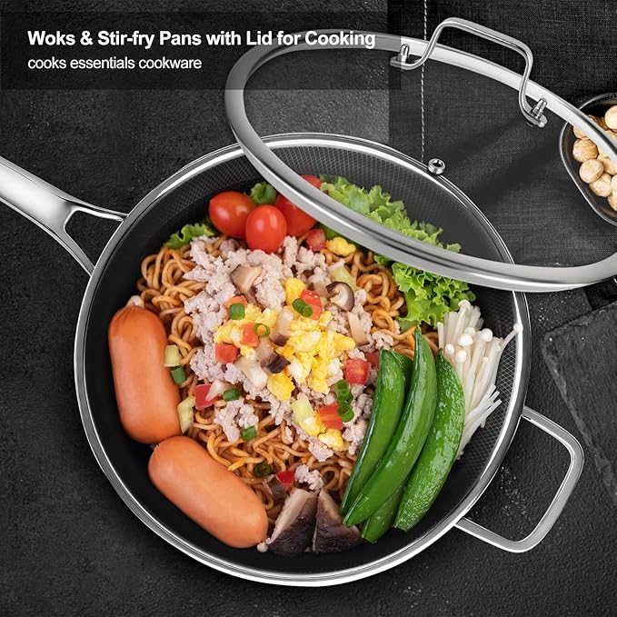 Wok Pan with Lid,12.6 inch Hybrid Woks & Stir-fry Pans Nonstick Stainless Steel Cookware, Cooking Wok for Induction Cooktop, Double Coated Honeycomb Pan