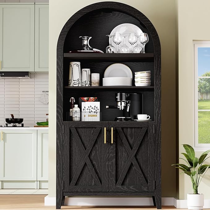 Arched Kitchen Pantry for, 63" Tall Wooden Entryway Storage Cabinet with 2 Doors & 5 Tier Adjustable Shelves, Versatile Farmhouse Hallway Organizer for Entryway, Bedroom, Dining Room