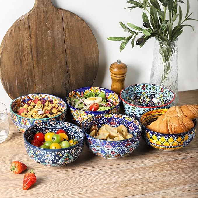 glowworm Cereal Bowls Set of 6, 26 Oz Ceramic Soup Bowls for Kitchen, Colorful Cereal Bowls for Rice, Oatmeal, Fruit, Ice Cream, Dessert, Dishwasher & Microwave safe, Bohemian