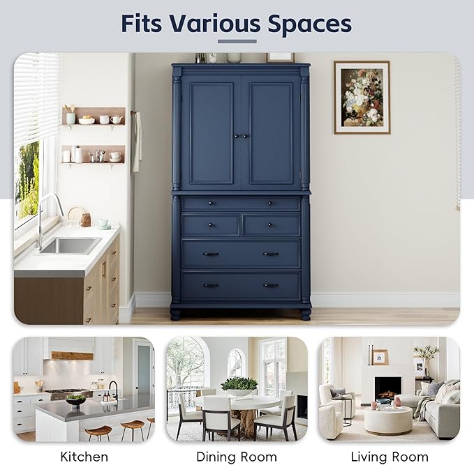 Merax 77" Tall Large Kitchen Pantry Storage Cabinet with 2 Doors & 2 Adjustable Shelves & 5 Drawers & 6 Side Door Shelves, Modern Freestanding Food Pantry for Dining Room, Living Room, Blue