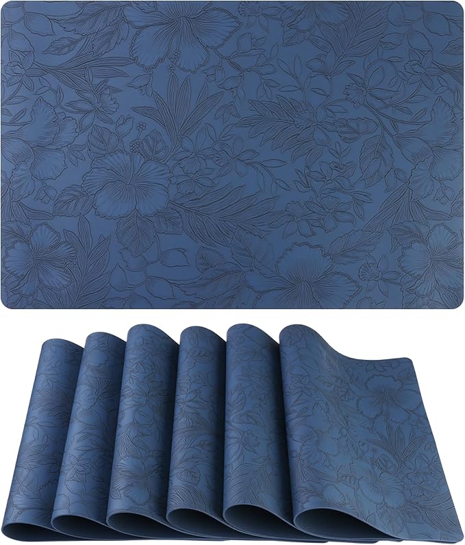 DRMHM Set of 6 Faux Leather Flower Placemats for Kitchen Dining Table Decor, Washable Table Placemats Wipeable Table Mat 18 * 12in Dark Blue