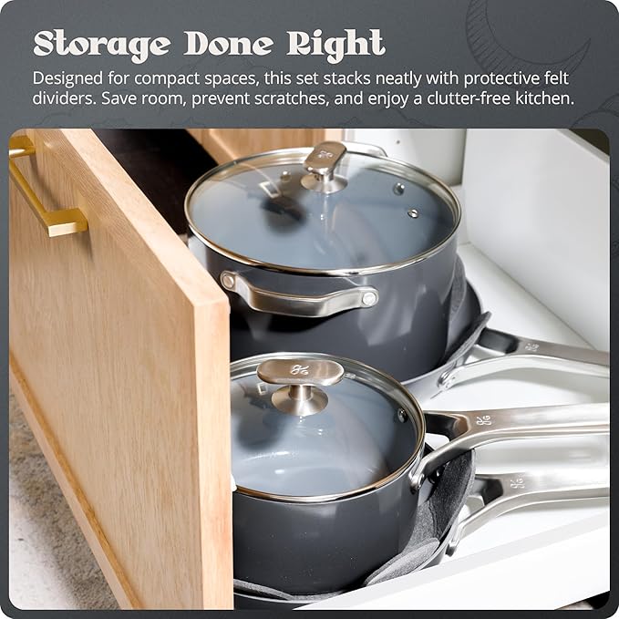 Premium Non-Toxic Ceramic Cookware Set ??Triple-Layer Nonstick 12 Piece Pots and Pans with Lids, PFAS-Free, Oven Safe for Healthy Meals, Space-Saving Design, Midnight Gray Color | Greater Goods