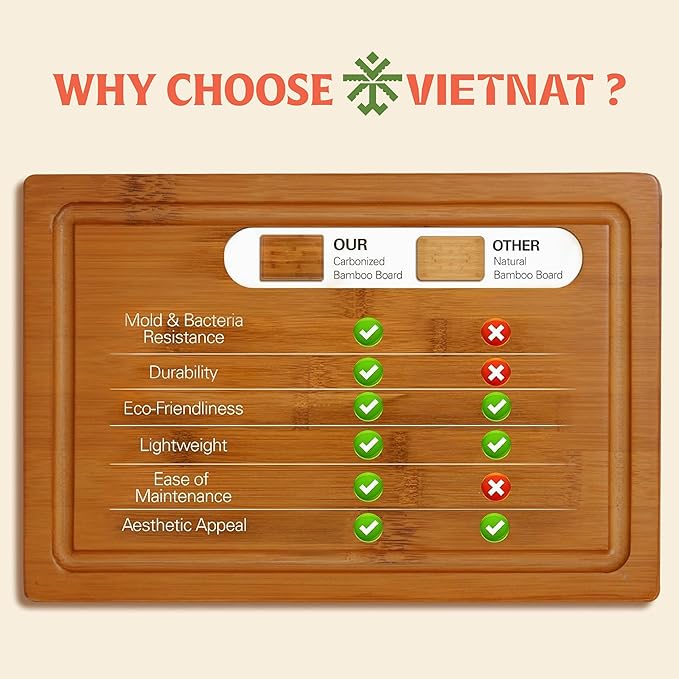 Vietnam Carbonized Bamboo Cutting Board Set of 2 with Holder, Non Toxic Reversible Boards with Juice Groove, Smooth Finish and Non Slip Feet, Handmade in Vietnam for Prep and Charcuterie