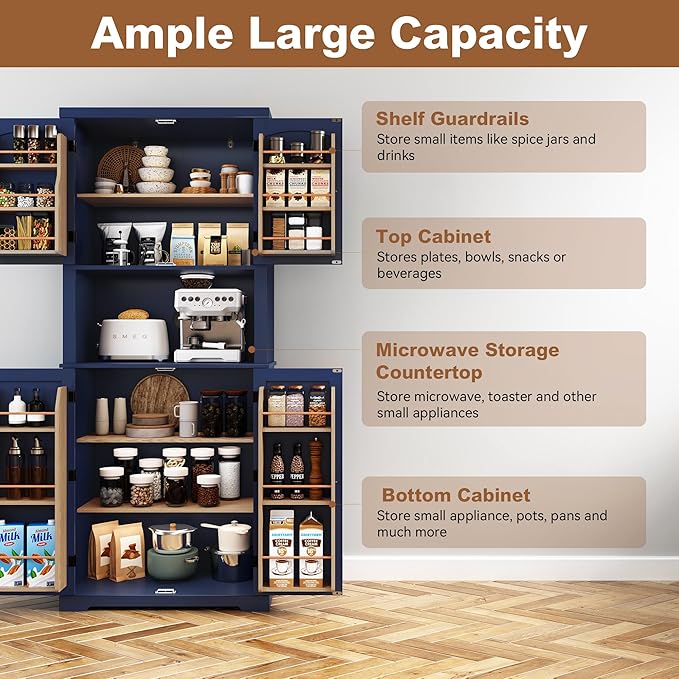HLR 72" Kitchen Pantry Storage Cabinet, Freestanding Larder Cupboard, Kitchen Hutch Cabinet with Microwave Stand,Utility Pantry with Doors and Shelves for Dining Room, Living Room