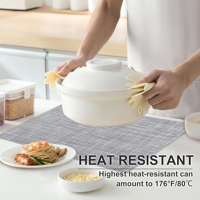 LANDVIEW Vinyl Placemats Set of 6, PVC Woven Washable Non-Slip Table Mats, Heat Resistant Wrinkle Free Place Mats for Dining Table, Easy to Clean (6, Light Grey)