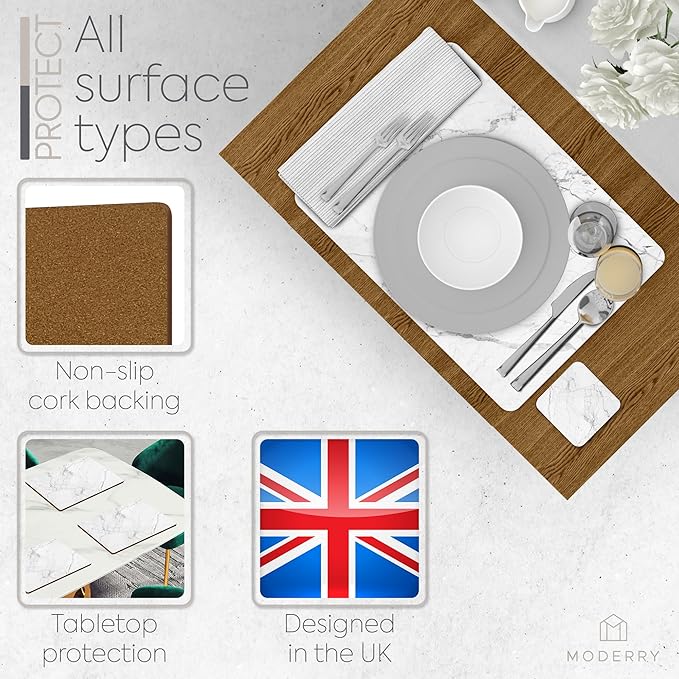Moderry Set of 4 Heat Resistant Cork Placemats for Dining Table with Free Set of 4 Matching Drink Coasters Marble Design 16 x 12 Inches Cork Backed Hard Placemats (White Marble)