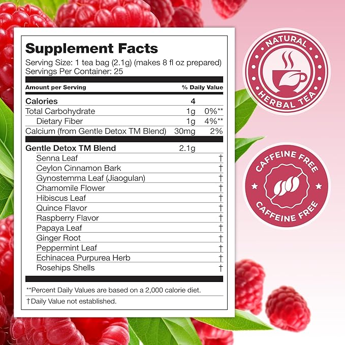 Total Tea SIimming Detox Tea Caffeine Free - 25 Day Detox - Herbal Tea with Chamomile, Hibiscus Tea & Ginger Root for Colon Cleanse ??Natural Raspberry Fruit Tea