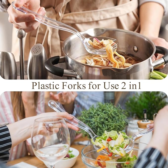 Mwellewm 24Pcs Plastic Serving Utensils 9'' Disposable Serving Spoons for Buffet Clear Forks Serving Tongs Heavy Duty Large Party Utensils Supplies for Restaurant Food Dinner Salad Noodles Soup