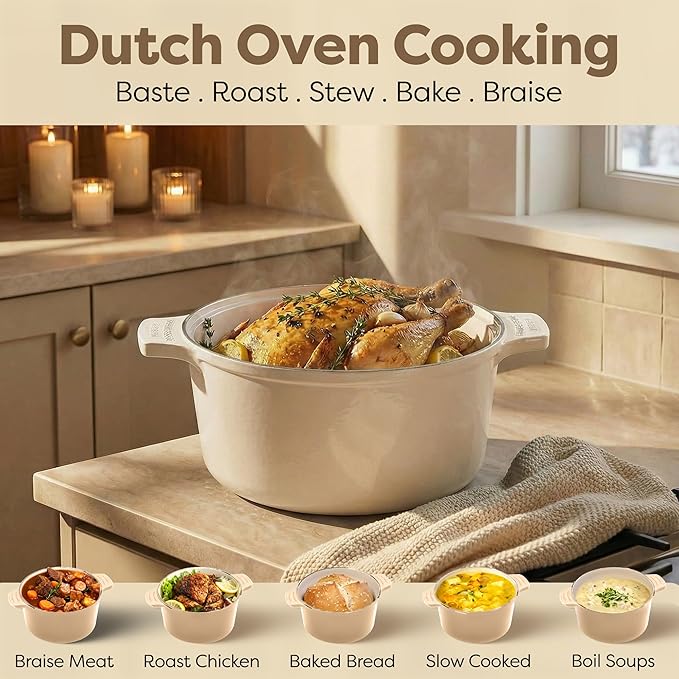Gotham Steel 5 Qt Dutch Oven Pot with Lid, Nonstick Ceramic Dutch Oven Stock Pot, 10 in 1 Cooking Pots & Dutch Ovens for Bread Baking, Lightweight Oven & Dishwasher Safe ??Cream