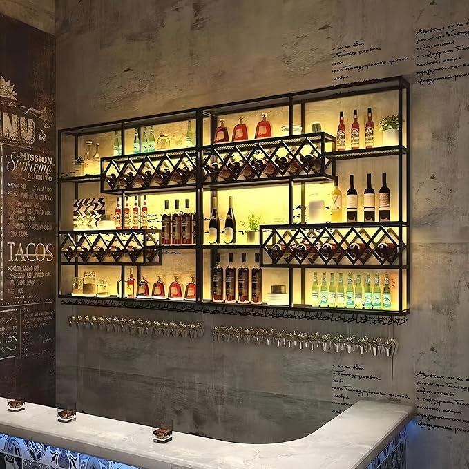118 Inch Wine Rack Wall Mounted, 4 Tier Large Wall Mounted Liquor Shelf & Bar Shelf, Metal Wall Wine Rack with Glass Holder, Bar Shelves for Liquor Bottles Display Storage, Black (No Lights)