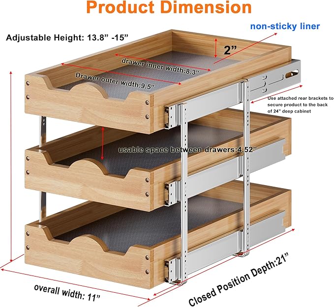 DINDON 3 Tier Pull Out Cabinet Organizer 11??W X21??D Slide Out Wood Drawer With Shelf Liner For Kitchen Pantry Organization