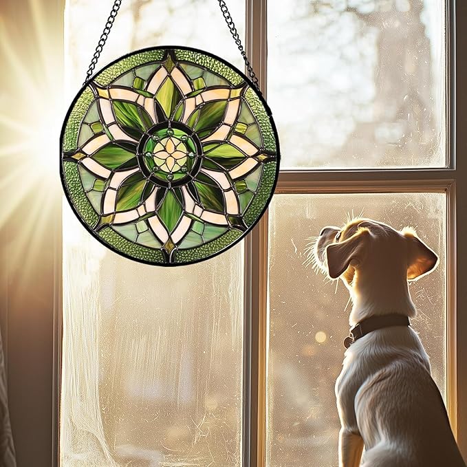 Stained Glass Window Hanging - White Green Boho Flower Suncatcher for Doors Window Home Sun Catchers Decor Christmas Mother's Day Birthday Gifts for Teacher Women Men Mom Nana 11.8 in