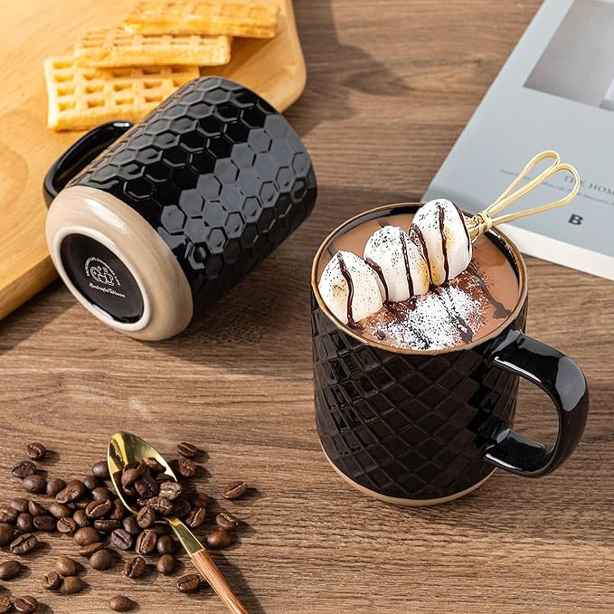 GBhome Ceramic Coffee Mugs Set of 4, 12oz Handmade Stoneware Coffee Mugs Set with Large Handle for Cappuccino/Latte/Tea/Hot Cocoa, Dishwasher & Microwave Safe, Black