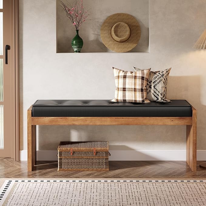 TRIBEWOOD 47-Inch Solid Wood Entryway Bench, Modern End of Bed Bench with Button-Tufted Leather Pad and Wooden Legs, for Living Room, Bedroom, Kitchen, Hallway, Black & Brown
