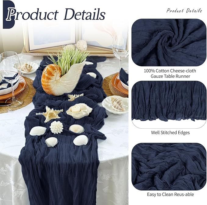 RealBox 6 Pack Navy Blue Cheesecloth Table Runner 17x108 Inch Semi Sheer Boho Gauze Cheese Cloth Fabric Table Runners Table Decor for Wedding Party Baby Shower Birthday Home Decor Garden Farmhouse