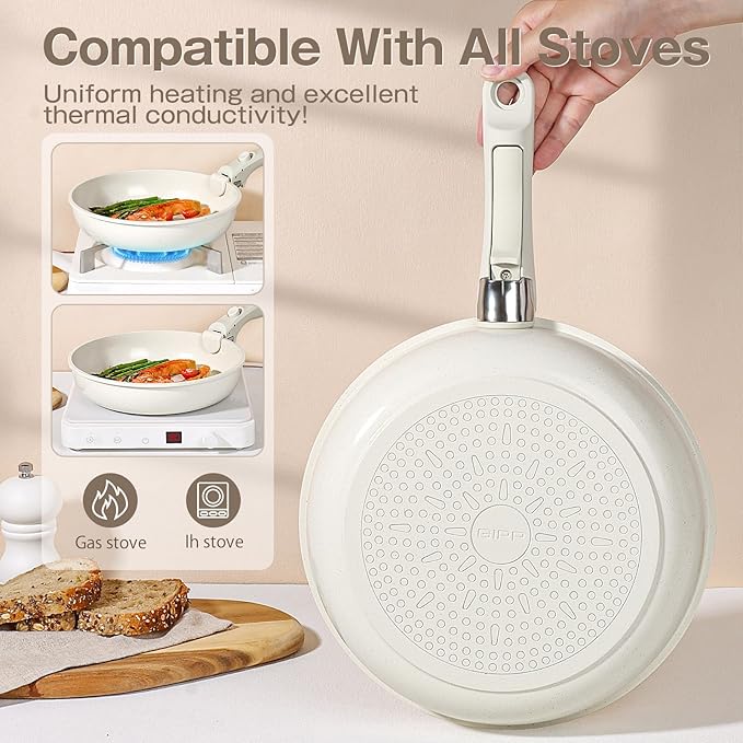 GiPP Ceramic Pots and Pans Set Non Stick, Nonstick Detachable Handle Cookware Sets, Non Toxic Induction Kitchen Pot and Pan with Removable Handle, Healthy RV Cookware, Dishwasher 竊냀ven Safe, 7 Piece