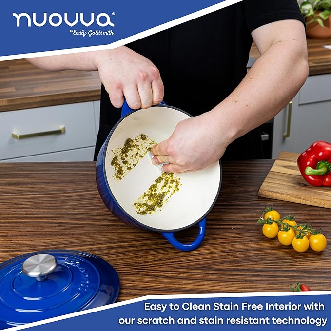 Cast Iron Pot with Lid ??Non-Stick Ovenproof Enamelled Casserole Pot, Oven Safe up to 500째 F ??Sturdy Dutch Oven Cookware ??Dark Blue, 5-Quart, 24cm ??by Nuovva