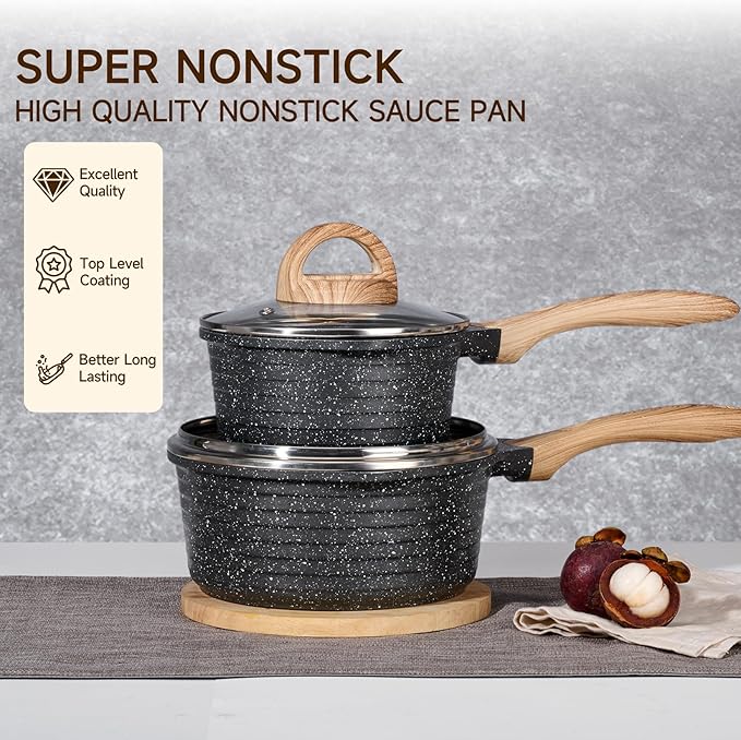 JEETEE Sauce Pan with Lid, Non Stick Small Pot with Coating, Masterclass Cookware Sauce Pot for Cooking, PFOA/PFOS Free Gray 2.0 QT