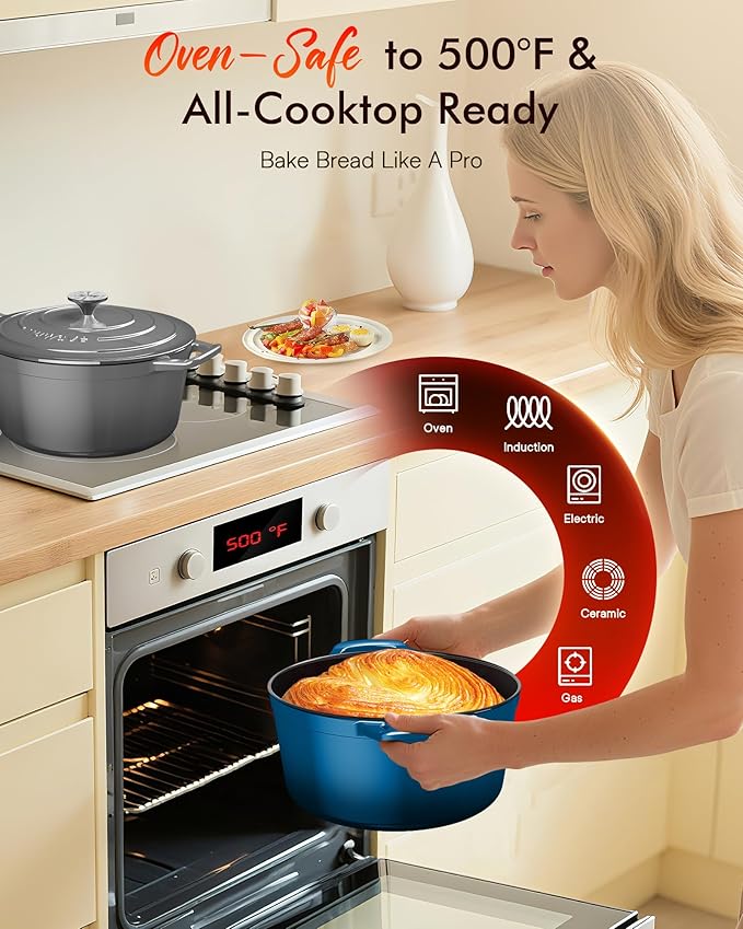 Nuwave 6QT Healthy Enameled Cast Iron Dutch Oven Pot with Lid, Heavy Duty 7-Layer Enamel, Enhanced Rust Protection, Dual Handles, Oven Safe to 500째F for Sourdough Bread Baking, Braise, Stew, Roast