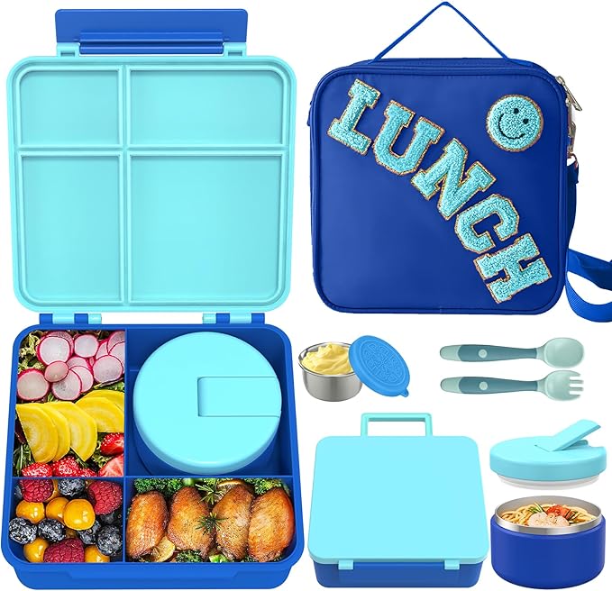 Aimsnk Kids Bento Lunch Box with 8oz Soup Thermo, Kids Leakproof Lunch Food Containers with 4 Compartment,Insulated Hot Food Jar with Lunch Bag for School, Travel (Blue)