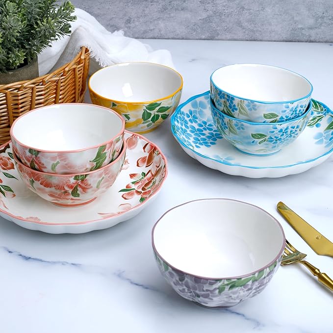 Green Floral Ceramic Dinnerware Set of 2, 14-Piece Plates and Bowls set, Microwave & Dishwasher Safe, Chip Resistant, Family Size Gift Set