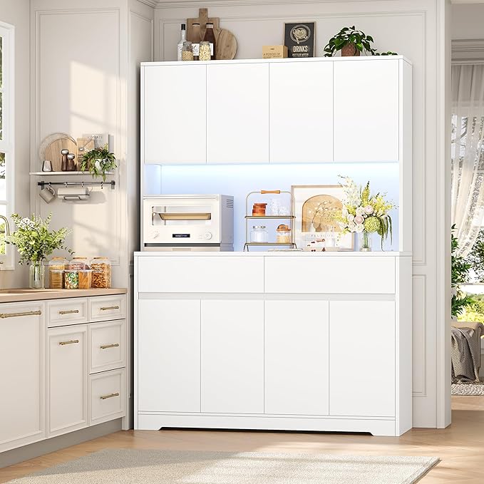 FINETONES 71" Tall Pantry Cabinet with LED Lights and Charging Station, 47.2" Wide Kitchen Pantry Storage Cabinet Kitchen Hutch with Microwave Stand, Tall Storage Cabinet for Living Room, White