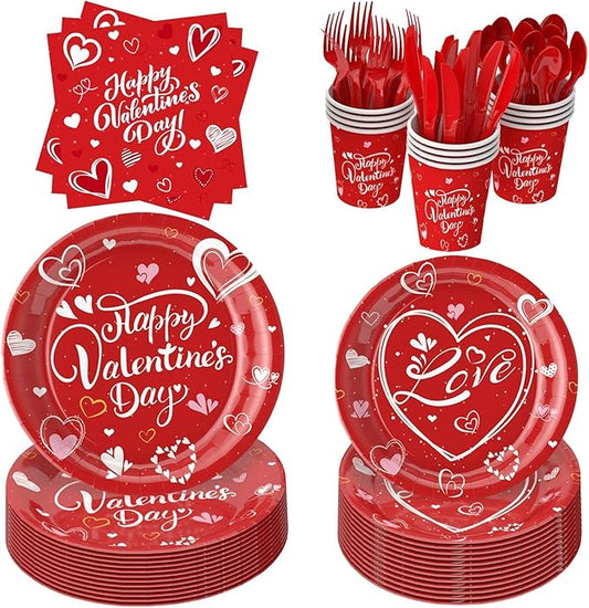Valentines Day Tableware Set Sweet Heart Dinnerware Pack with Paper Plates, Cups, Napkin, Knives, Forks, Spoons - Valentine?셲 Day Party Supplies for Wedding,Anniversary, Birthday, Gathering,Serves 16