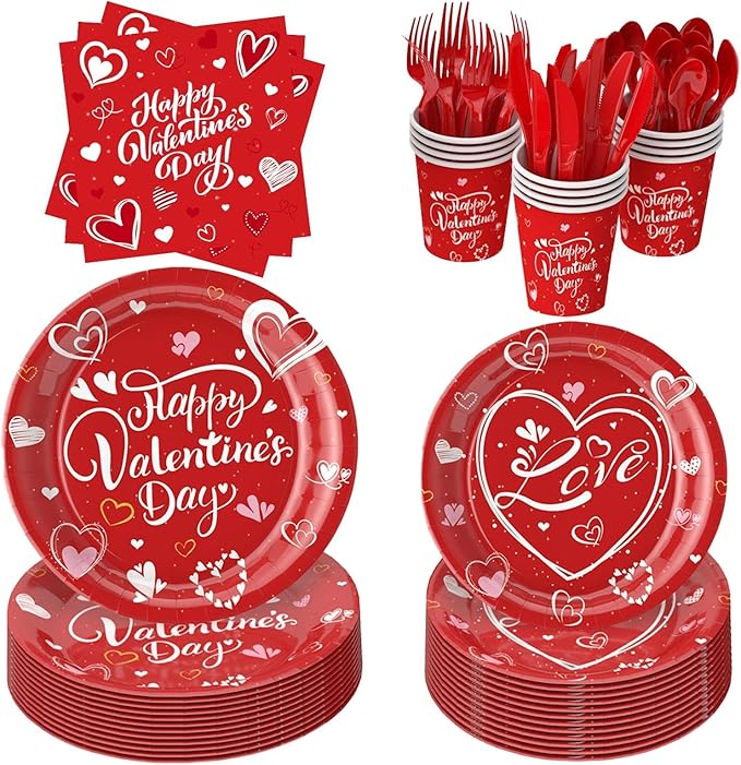 168 Pcs Valentine's Day Tableware Set - Serves 24, Heart & Love-Themed Disposable Paper Plates, Cups, Napkins, Forks, Spoons, Knives for Valentines Day Party, Wedding ,Bridal Shower,Holiday Gatherings