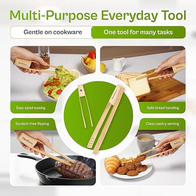 Bamboo Tongs Set of 2, 10 Inch ??Natural Wooden Kitchen Tongs for Cooking, BBQ, Salad, Toast & Nonstick Cookware