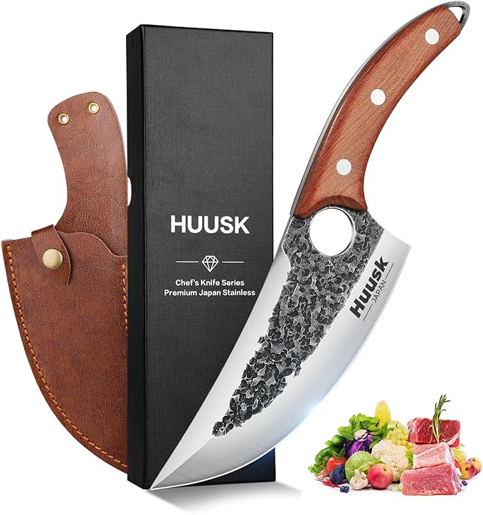 Huusk Chef Knives, Upgraded Viking Knife with Sheath Hand Forged Butcher Knife for Meat Cutting, Sharp Meat Cleaver for Kitchen and Outdoor, Gift for Men and Women