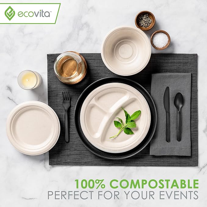 Ecovita 100% Compostable Paper Bowls [16 oz.] ??150 Disposable Bowls Eco Friendly Sturdy Tree Free Liquid and Heat Resistant Alternative to Plastic or Paper Bowls