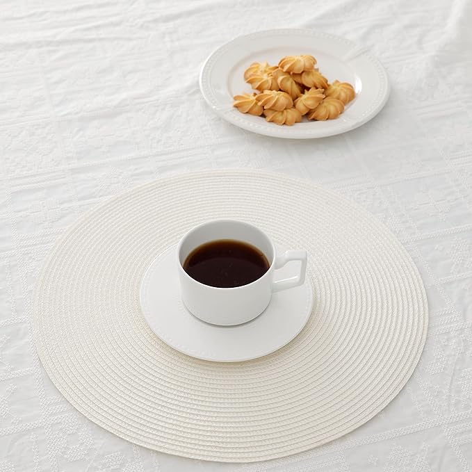 HODJOY placemat, Round Woven placemat for Indoor and Outdoor, 15", Set of 6 (White)