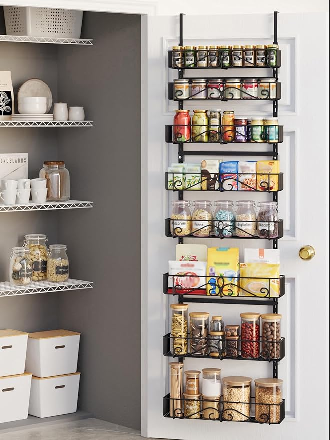 Over the Door Pantry Organizer, 8-Tier Over the Pantry Organization And Storage, Metal Hanging Spice Rack Shelves Door for Home & Kitchen, Laundry Room Bathroom, Black