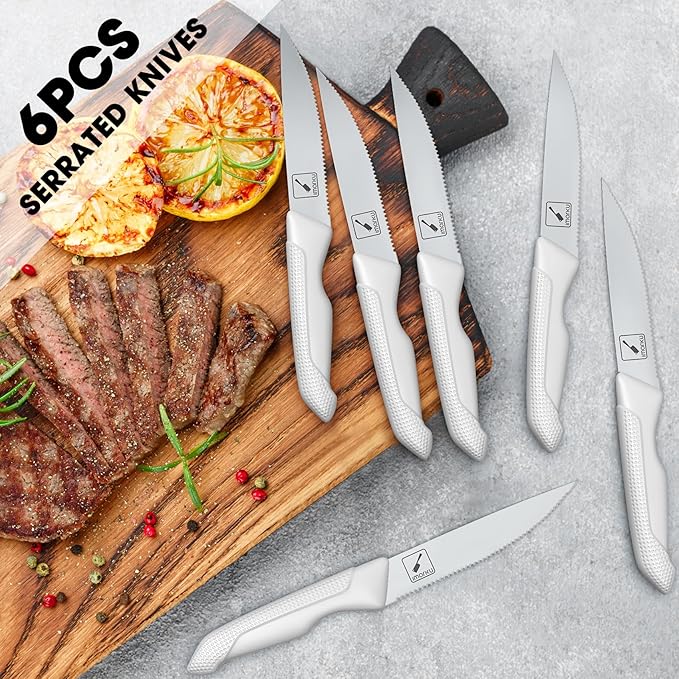 imarku® 14-Piece Kitchen Knife Set with Block and Sharpener, Professional Stainless Steel with Non-Slip Ergonomic Handle, Dishwasher Safe, Home Essential, Gray-White