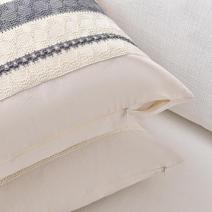 Fancy Homi Set of 2 Neutral Grey Farmhouse Long Lumbar Decorative Throw Pillow Covers 14x24 Inch for Couch Bed Chair, Vintage Country Rustic Retro Room Decor, Soft Thick Cotton Rectangle Cushion Case