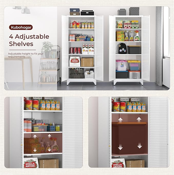 75" Tall Metal Pantry Cabinet, White Storage Cabinet with Doors and Shelves, Metal Cabinet for Kitchen, Dining Room, Living Room and Bathroom