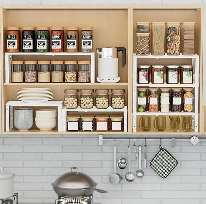 Expandable Spice Rack Organizion for Kitchen Cabinet, Seasoning,Bathroom Organizer Display Shelf, Stackable Multi-Purpose Shelves.Easy-to-Install竊?Packs/White,Large