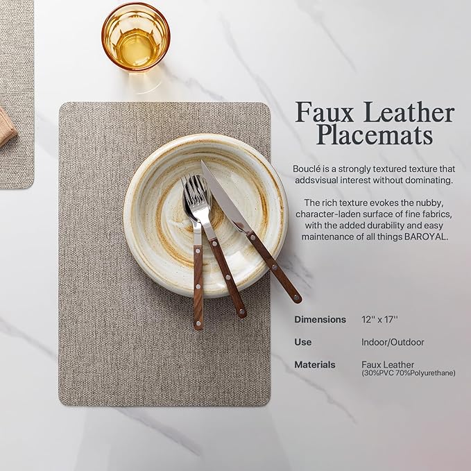 Baroyal Faux Leather Placemats Set of 6 Vinyl Washable Wipeable Table Mats for Kitchen Dining Table Heat Resistant Waterproof Modern Indoor/Outdoor Placemats Non-Slip Easy Clean Place Mats (Mix Gray)