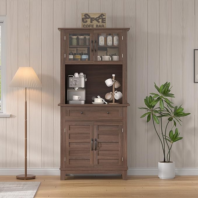 Elegant Brown Modern Wood Pantry Coffee Cabinet with Ample Storage, Spacious 72" Tall Kitchen Bar Cabinet Hutch Featuring 4 Stylish Glass Doors & 1 Smooth Drawer, Versatile Stand-Alone Food Pantry