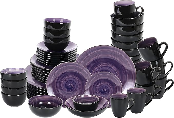Sonoma 56-Piece Dinnerware Set - Serves for 8, Black and Speckled Purple Plates & Bowls Set | Microwave & Dishwasher Safe | Sonoma Style, Purple